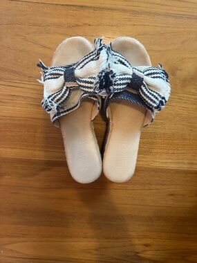 Italian Denim Striped Bow Slide Sandals in Cream and Navy